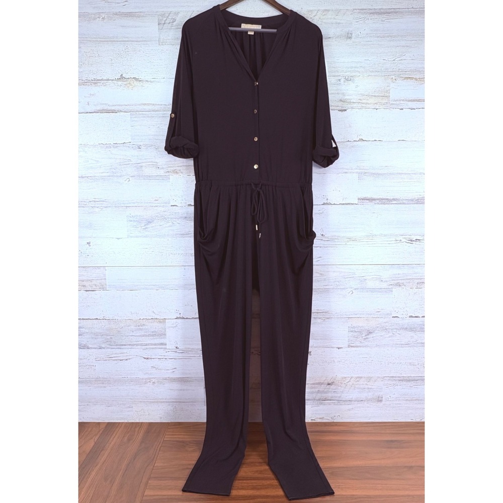 Michael Kors Womens Jumpsuit Size M Black Roll Tab Sleeve Button Down Stretchy